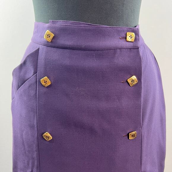 VINTAGE Hanae Mori Purple Pencil Skirt Wool Gold Button Knee Double Split 40 - Picture 4 of 8